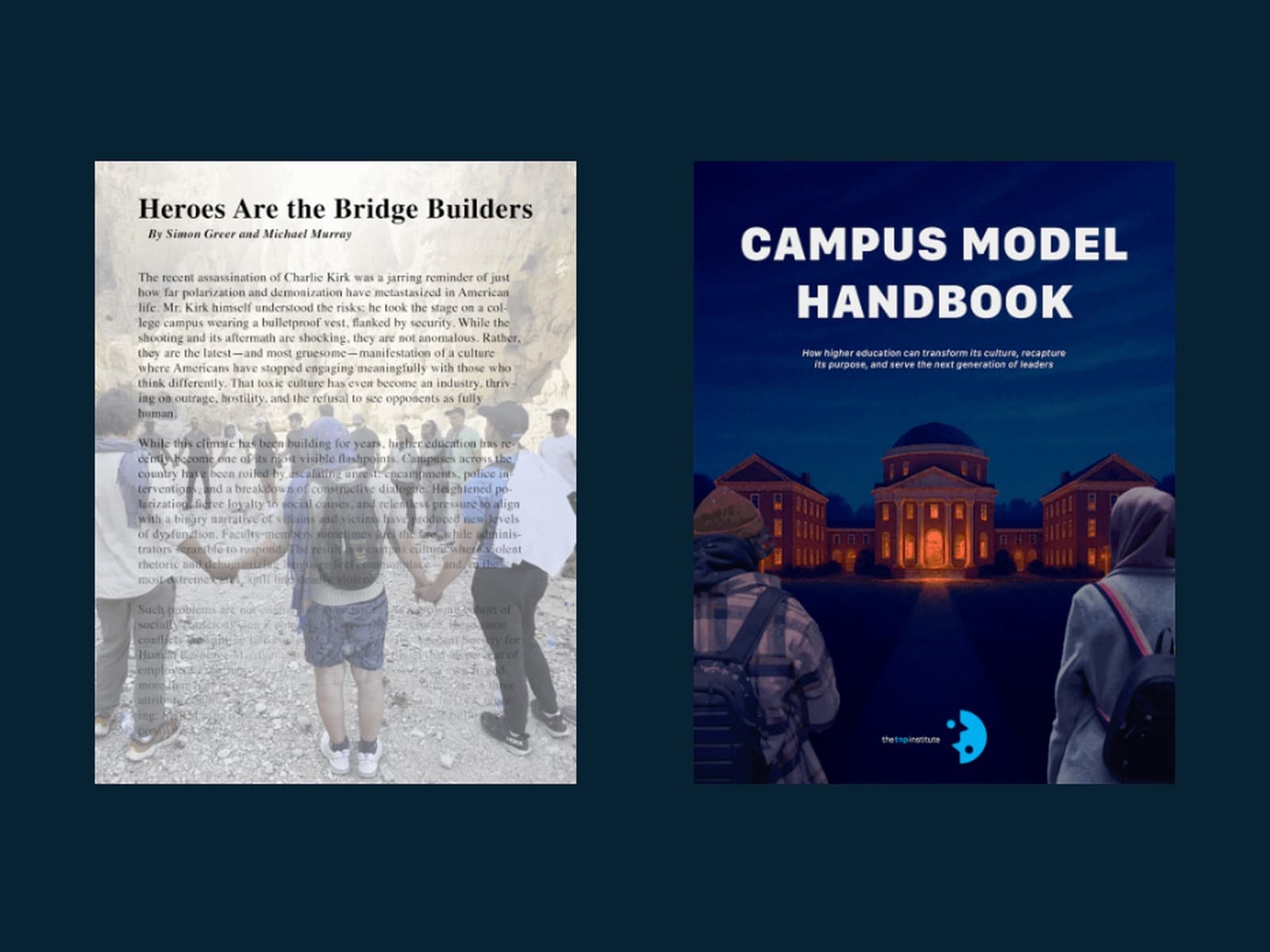 Materials from the Courageous Conversations Summer Intensive: the essay Heroes Are the Bridge Builders by Simon Greer and Michael Murray, alongside the Campus Model Handbook cover.