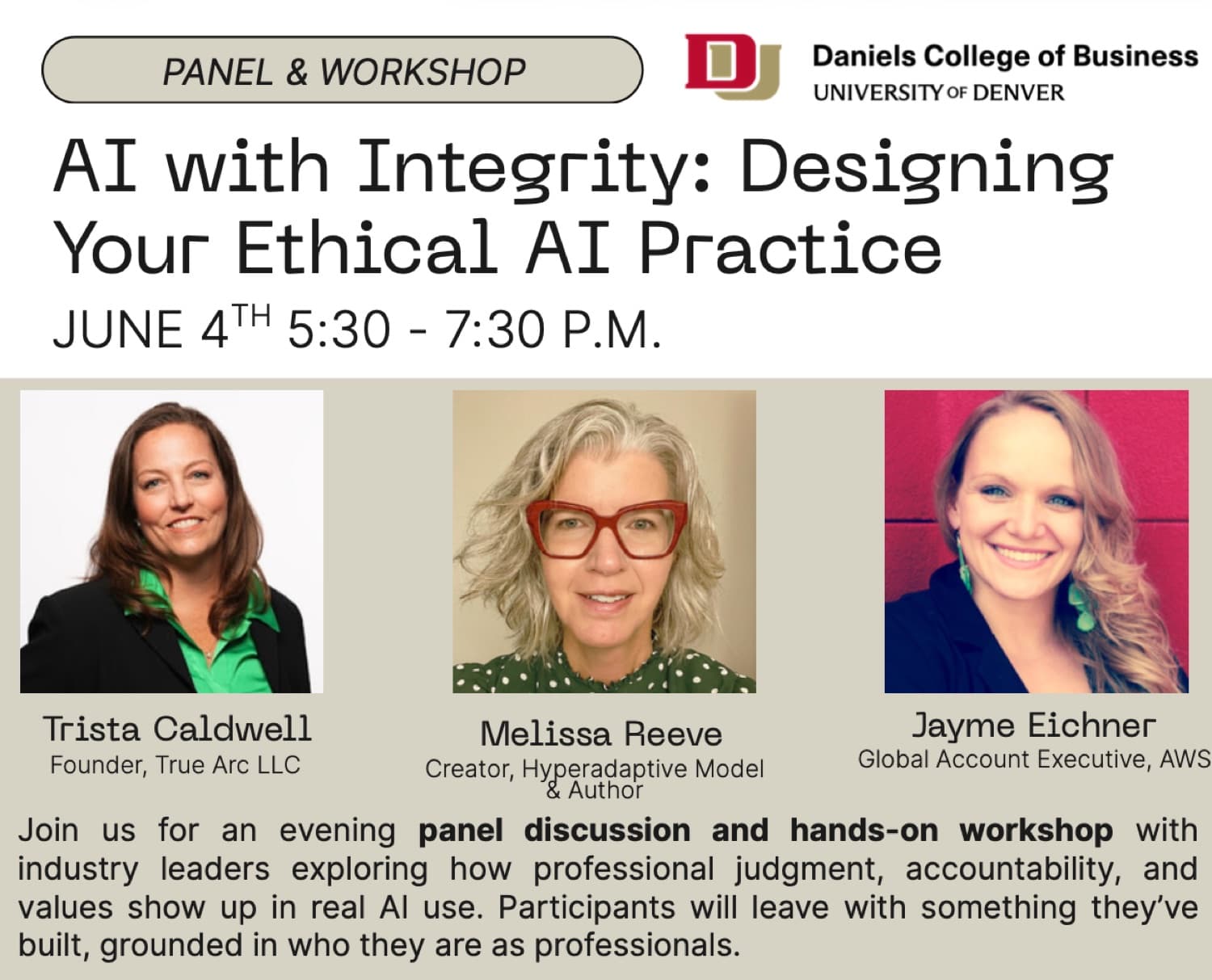 Susan Adams facilitating the AI with Integrity panel at the University of Denver.