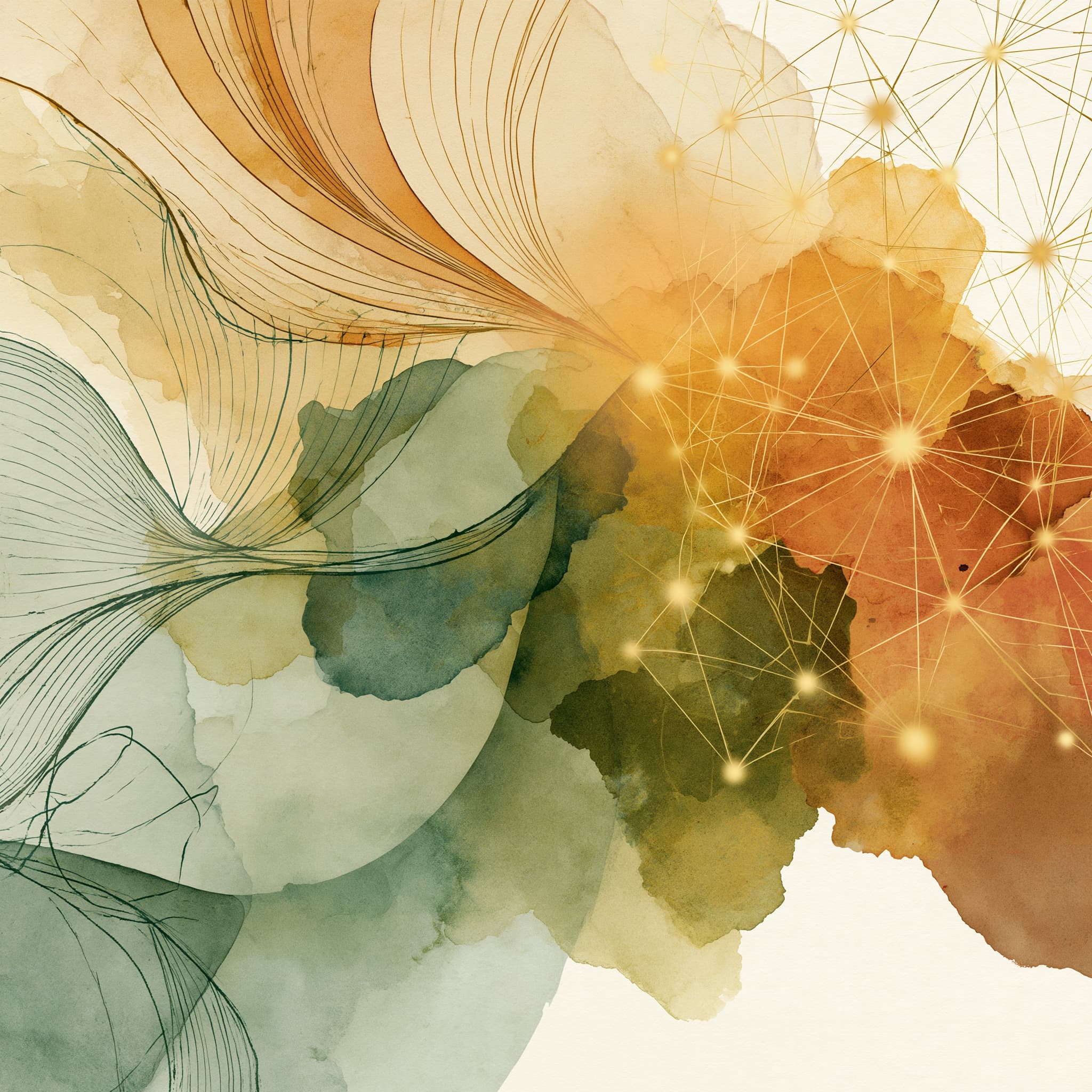 Abstract watercolor in sage and ochre with a gold constellation